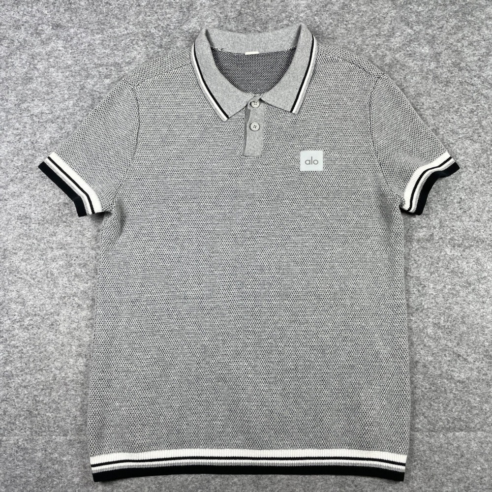 Alo Yoga Polo Shirt Mens M/L (Fits 21.5x28) Grey Short Sleeve Tipped Knit Sport